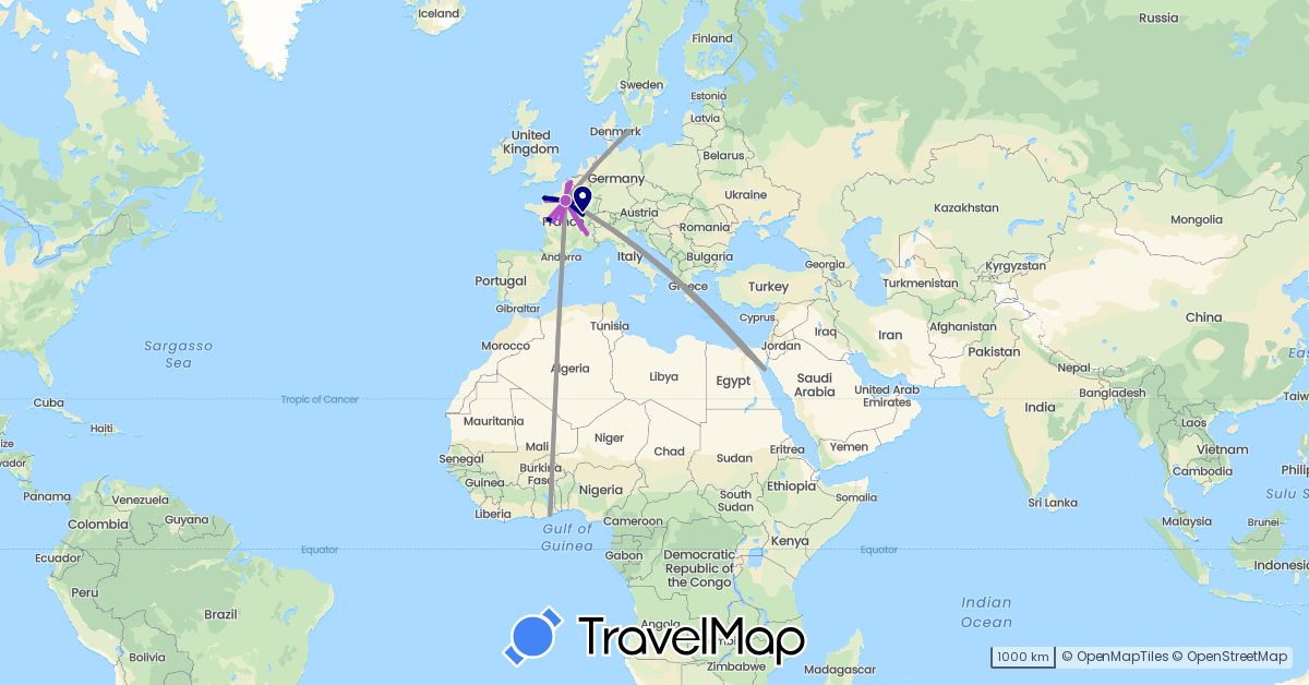 TravelMap itinerary: driving, plane, train in Denmark, Egypt, France, Ghana (Africa, Europe)
